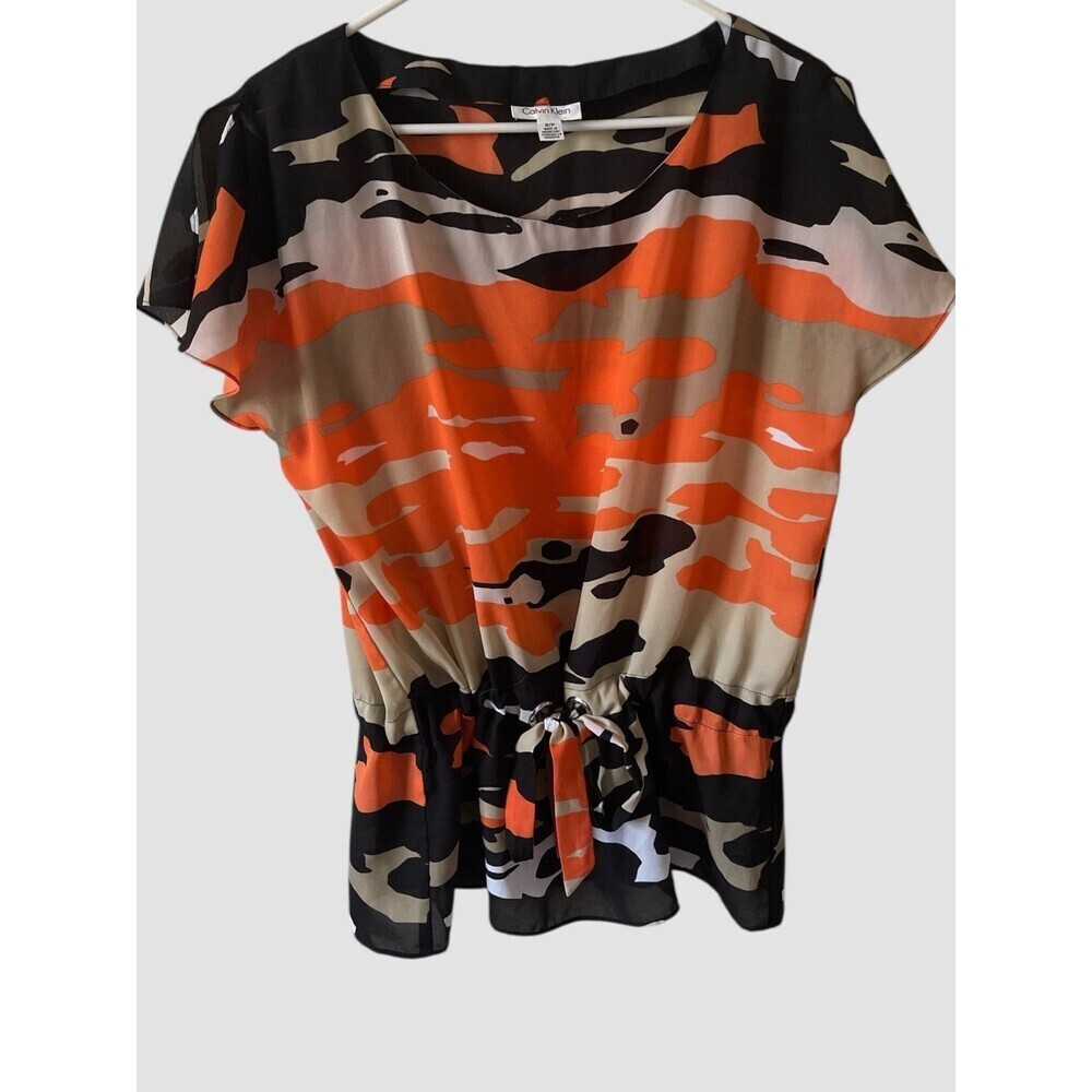 Women’s Tunic Top Blouse Calvin Klein Camo Orange Drawstring Waist Size SM